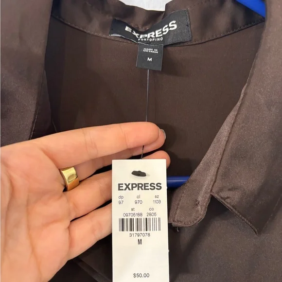 Express | Chocolate Brown Satin-esque Portofino Blouse - Picture 3 of 5